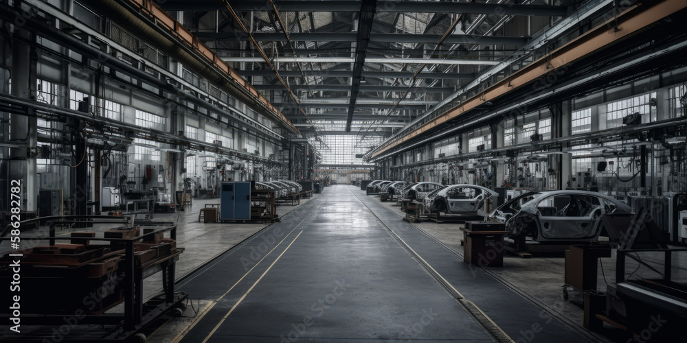 interior of a modern automotive factory with a car assembly line - Generative AI interior of a modern automotive factory with a car assembly line - Generative AI