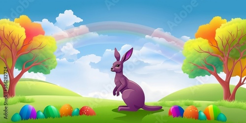 Easter kangaroo hiding eggs under trees  meadow  rainbow  trees  colourful eggs  clouds  background Created with generative AI