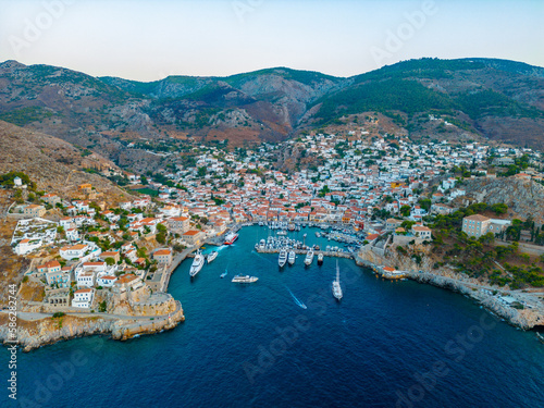 Fototapeta Naklejka Na Ścianę i Meble -  Sunset panorama view of Hydra town in Greece