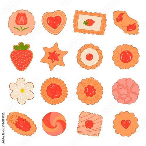 Set of top view strawberry cookies isolate on white background. Vector graphics.