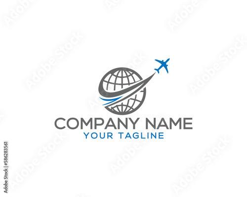 Abstract airplane and World logo design. Creative Globe travel vector icon.