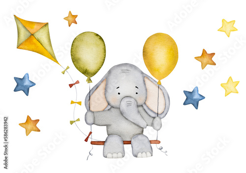 Photography Cute cartoon elephant watercolor painting