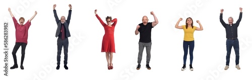 people with arms raised on white background
