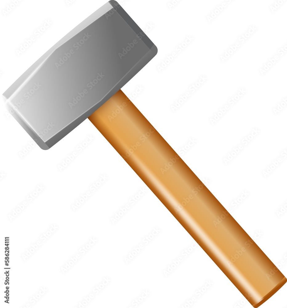 Realistic hammer sledgehammer with wooden handle. Vector industrial workers tool. Equipment for repair, contract and locksmith work.