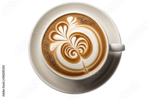Cup of cappuccino with beautiful latte art, PNG transparency, isolated design element, top view