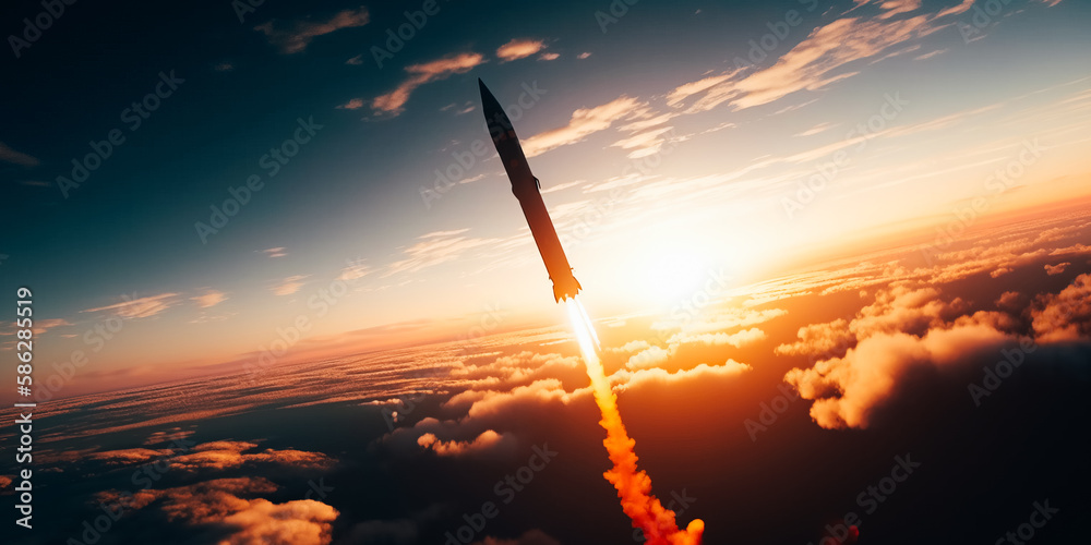 A combat rocket is flying above the clouds, smoke and fire from the rocket