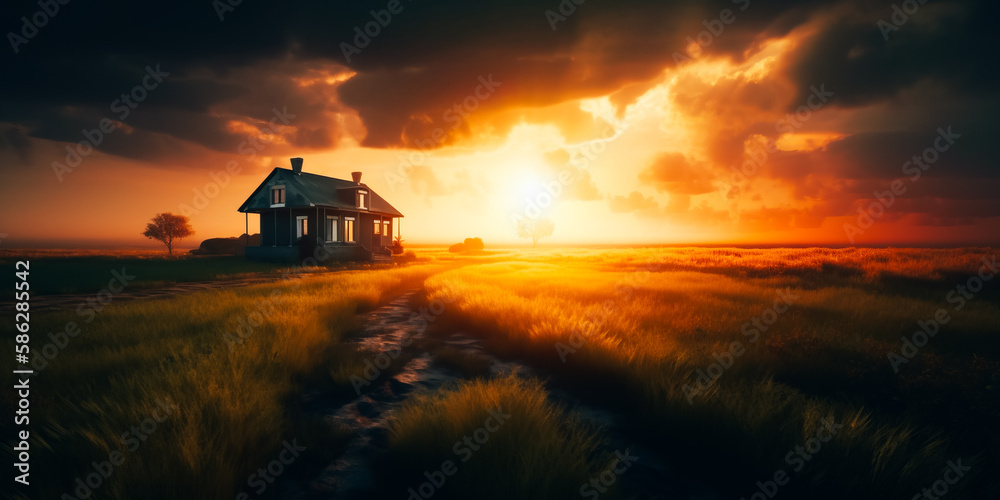 A peaceful scene of a solitary house standing on vast green fields A peaceful scene of a solitary house standing on vast green fields