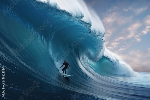 Surfer on big Blue Ocean Wave. Ai generative