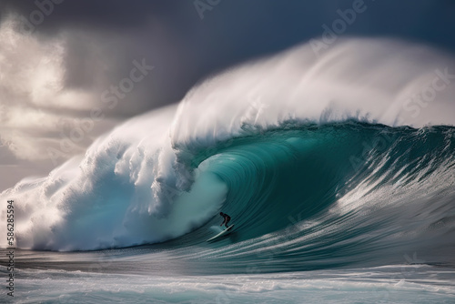 Surfer on big Blue Ocean Wave. Ai generative © chandlervid85