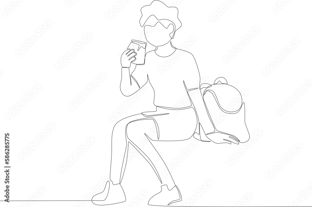 A daughter enjoying her bread. Lunch at school one line drawing A daughter enjoying her bread. Lunch at school one line drawing