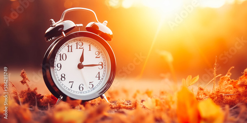 Alarm clock on autumn leaves