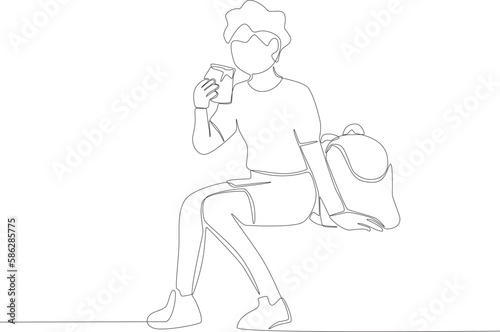 A daughter enjoying her bread. Lunch at school one line drawing