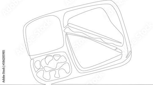 Sandwiches and vegetables for school supplies. Lunch at school one line drawing