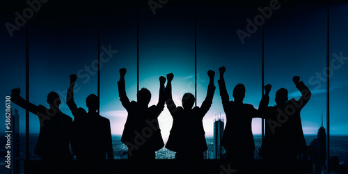 Business People Hands Raised Rooftop 