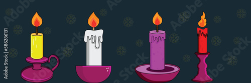 Burning candle. Decorative burning candle in holder. Candlelight flame vector set

