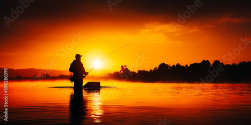 Fishing background. Fisherman catching on a lake. 