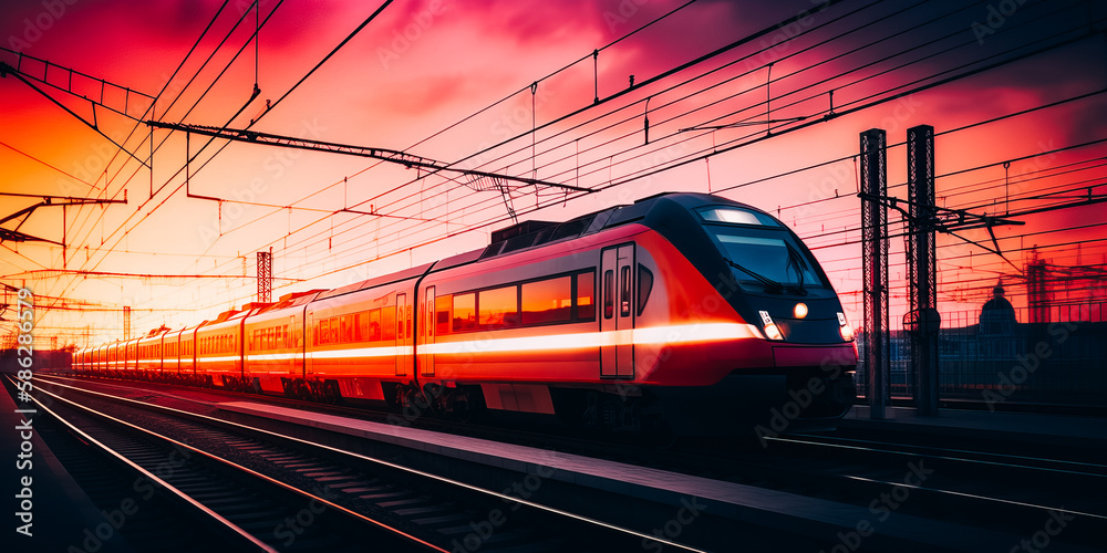 Naklejka premium High speed train in motion on the railway station at sunset
