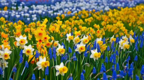 Beautiful field of spring flowers with narcissus, tulips and muscari Generative AI photo