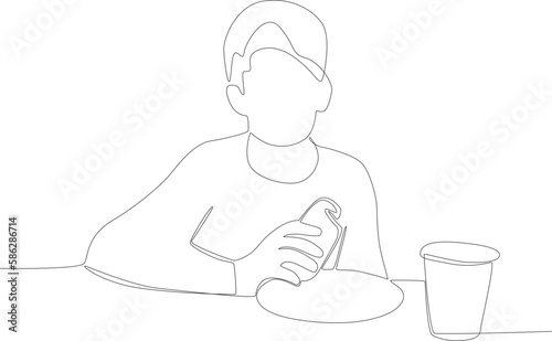 A child's lunch with bread and a glass of milk. Lunch at school one line drawing