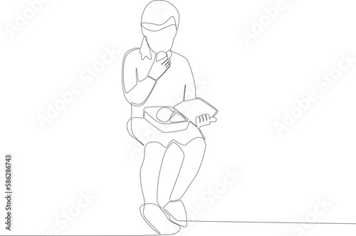 A child eats lunch from his mother. Lunch at school one line drawing