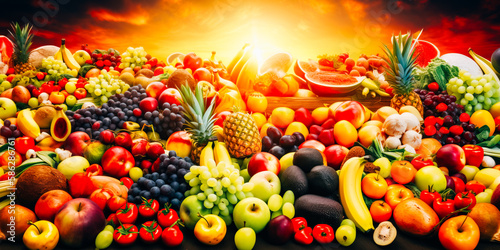 Large fruit colorful panoramic background of fresh and healthy vegetables and fruits