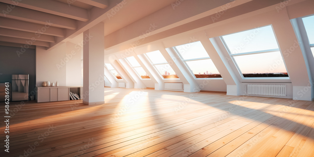 Obraz premium Modern sunny empty loft room with white wall and wooden floor