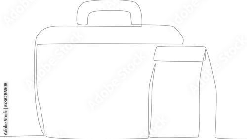 A box of food and milk for lunch. Lunch at school one line drawing