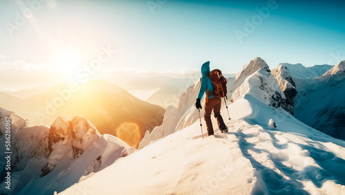 Mountaineer reaches the top of a snowy mountain in a sunny winter day