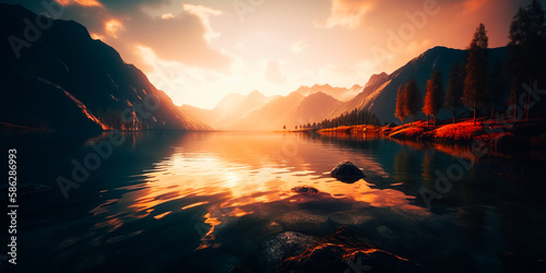 Mountain lake at sunset