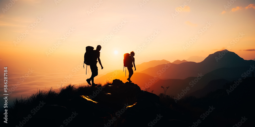 Fototapeta premium People helping each other hike up a mountain at sunrise