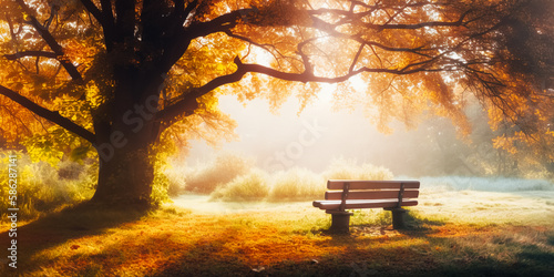 Panorama of bench under old oak trees at misty autumn morning with sunbeams 1