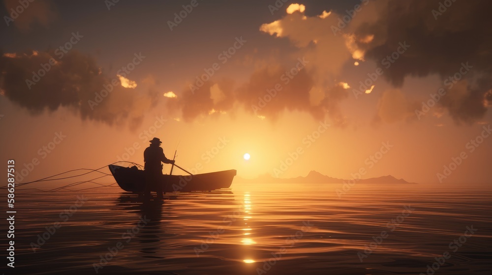 Silhouette of a fisherman with a boat on the lake during sunset or sunrise. Generative ai
