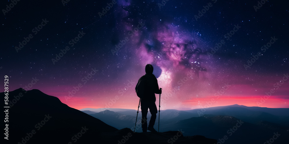 Silhouette of man with backpack and trekking poles. Milkyway at night