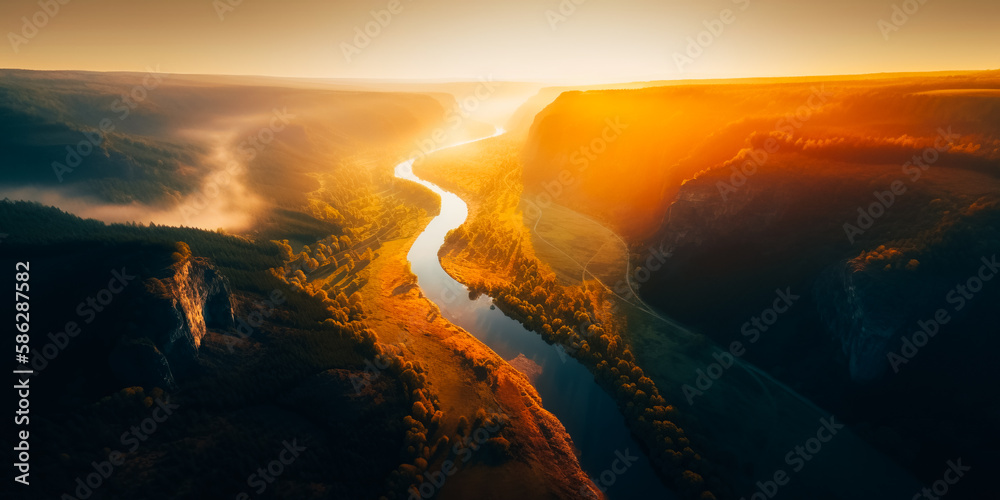 Spectacular bird's eye view of the foggy river