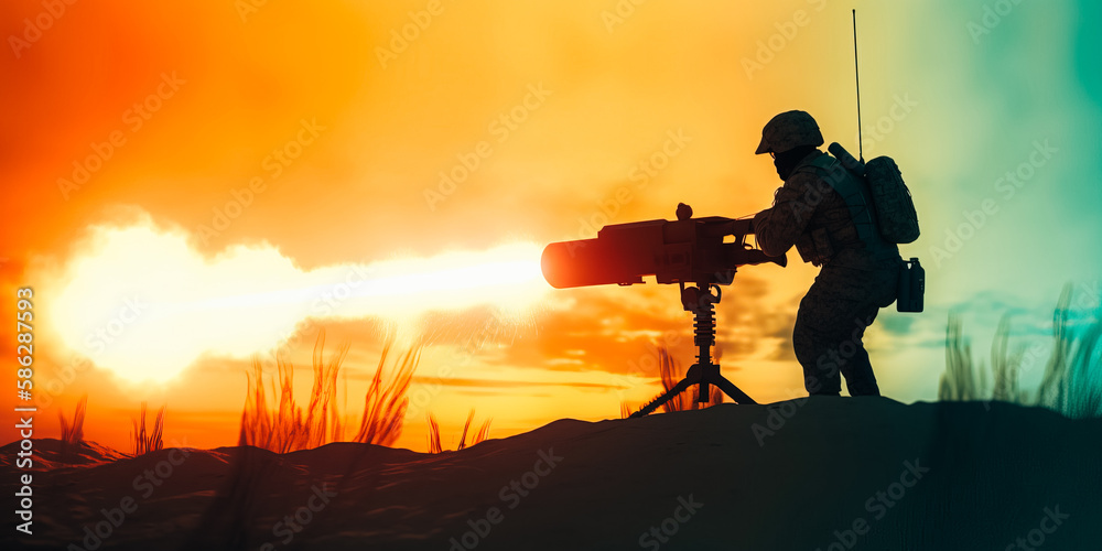 Obraz premium Soldier firing anti tank missile at war