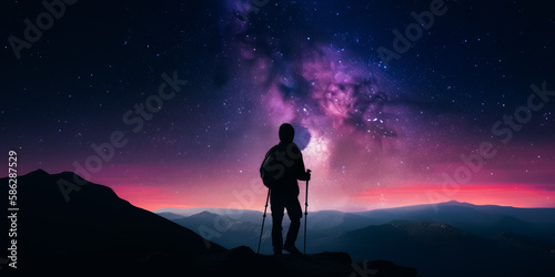 Silhouette of man with backpack and trekking poles. Milkyway at night