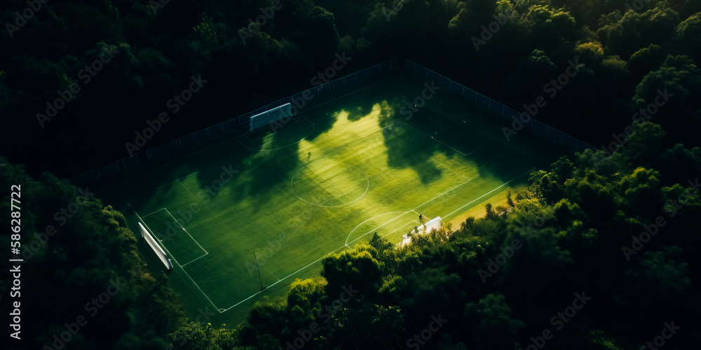 Obraz premium Top view of a soccer field in the forest