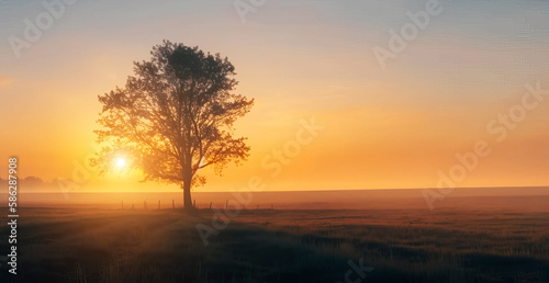 A beautiful landscape at dawn  a lonely tree in a field
