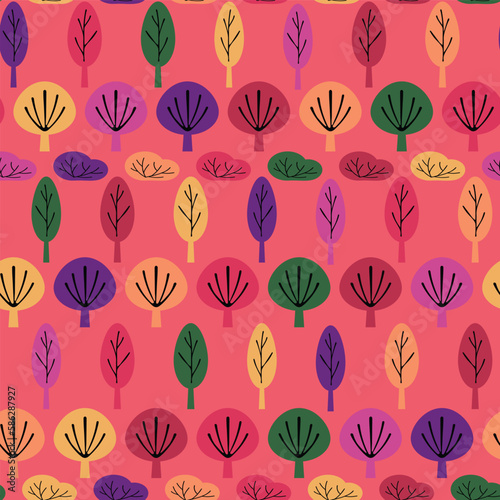 Vector multicoloured trees with pink background repeating pattern background.