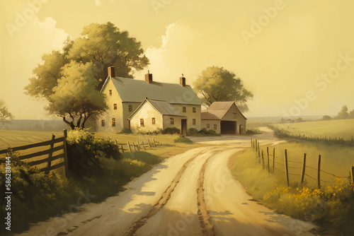 Vintage / Farm / Country Side / Oil Painting / Art / Nature / Scenic / Landscape / Warm Tone / HD Digital Print Download (3:2 Aspect Ratio) / AI Genterated