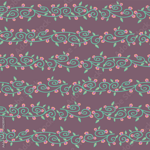 Vector green branches with leaves and flowers repeating pattern background.