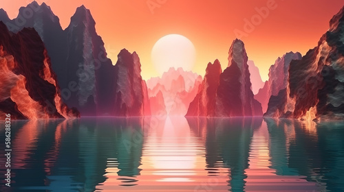 3d render, futuristic landscape with cliffs and water. Generative Ai