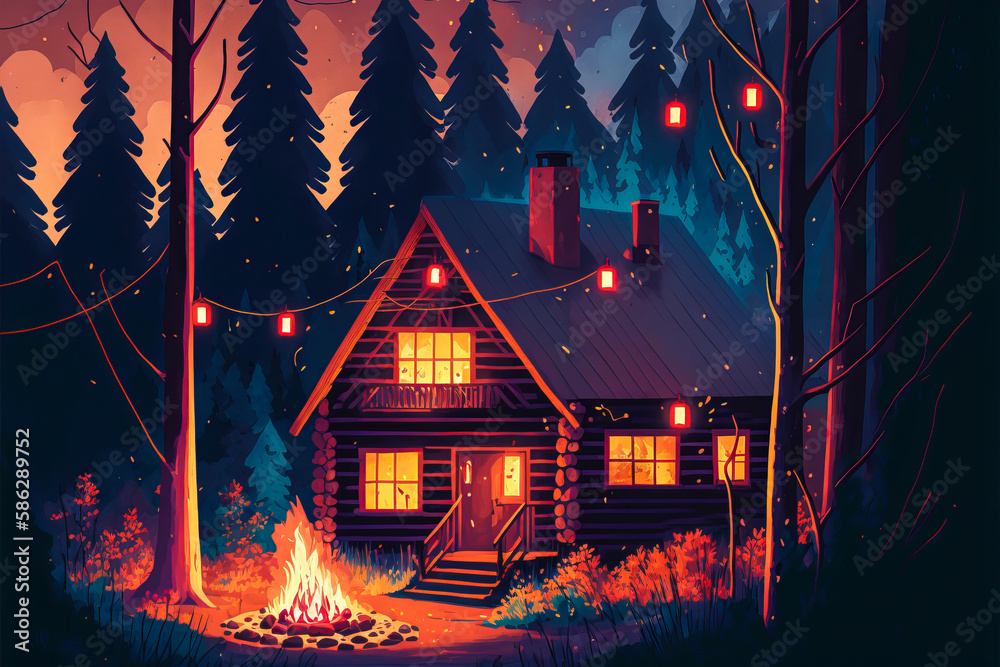 Digital illustration of a cozy cabin in the woods with warm and cold colors to show the comfort and beauty of winter. Generative AI