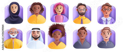 3D profile people avatar icon, men woman happy face set young male female vector cartoon character. Office diverse colleague team smiling freelance workers portrait. 3D people cheerful expression head