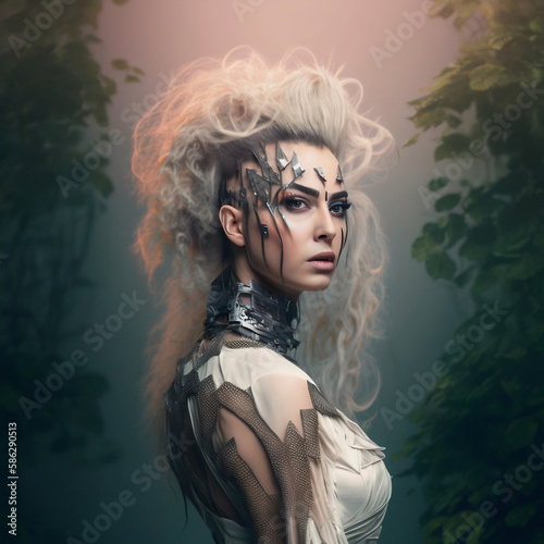 Beautiful fantastic elf girl in fashion clothes on an abstract mystical background. Detailed 3d render style. Generative art.