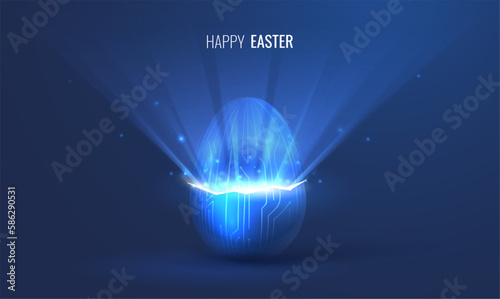 Broken egg birth concept in digital style. Rays of light from the crack of the egg, the concept of a festive banner with a light neon effect. Vector illustration