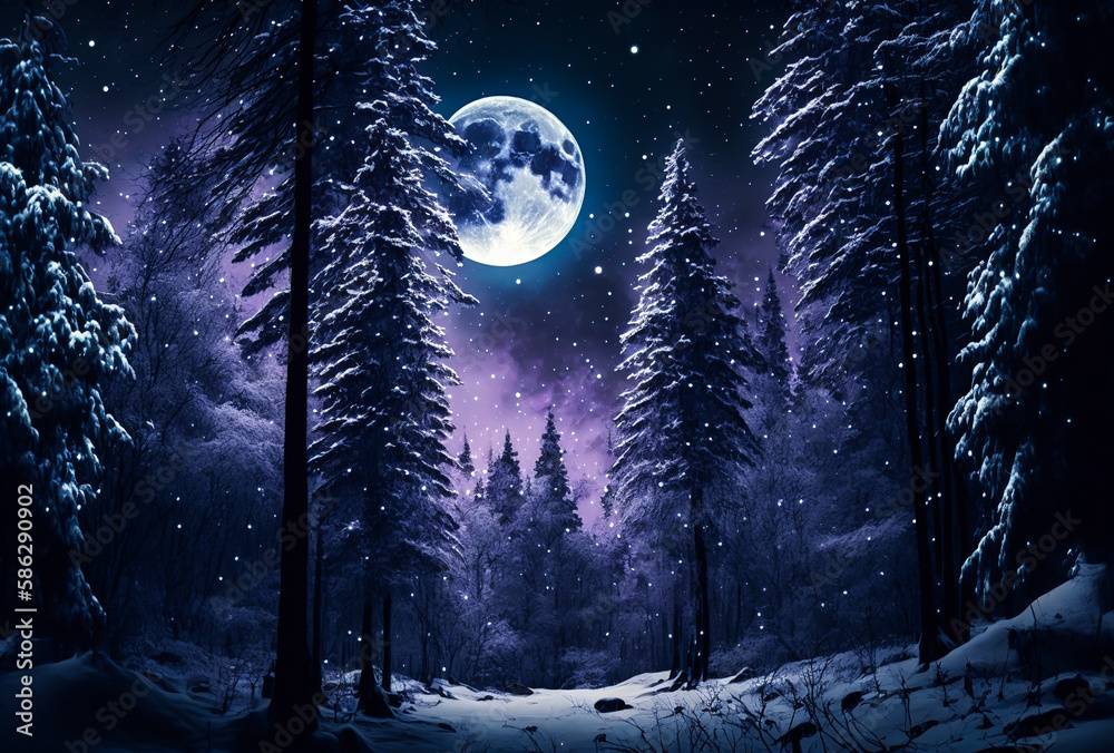 Ilustrace „Digital painting of a snowy forest at night under a full