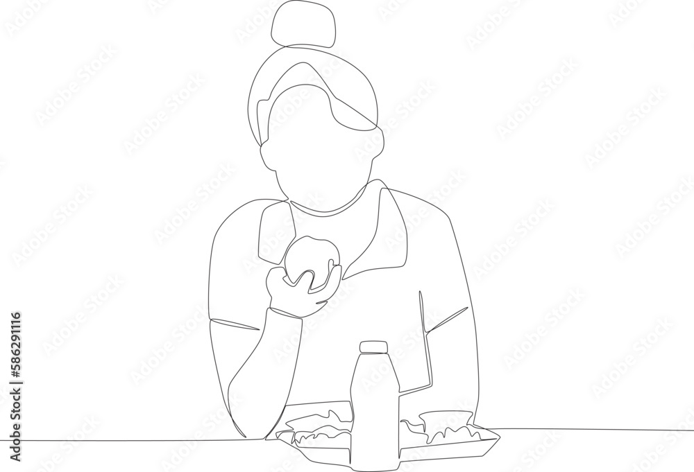 A girl enjoying her lunch. Lunch at school one line drawing