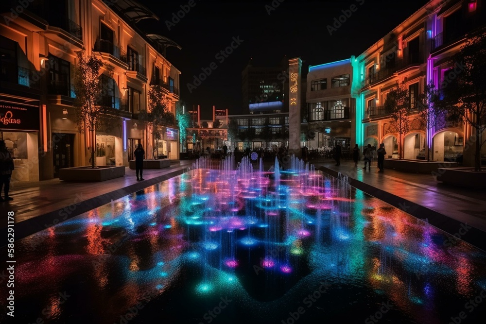 A city square with a neon fountain and colorful light projections. Generative AI