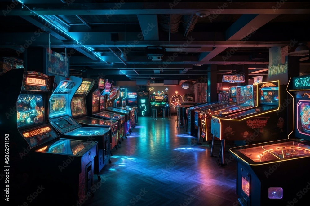 An arcade with neon-lit games and glowing prizes. Generative AI